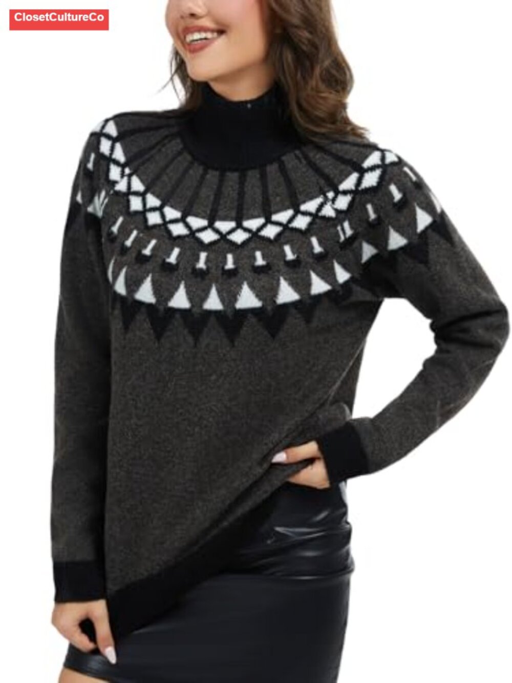 Womens Fair Isle Turtleneck Pullover Sweater Oversized Knit Long Sleeve - Picture 3 of 6